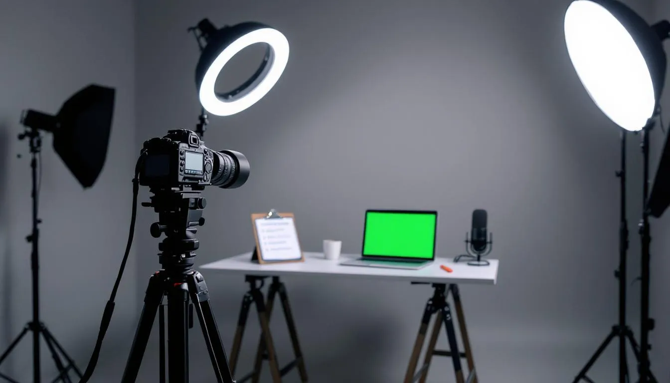 . A professional video production setup is displayed, featuring high-quality cameras, lighting equipment, and microphones, all arranged to create engaging content for YouTube advertising. This setup is ideal for producing effective Google Ads and various ad formats, ensuring a polished and captivating final product. .