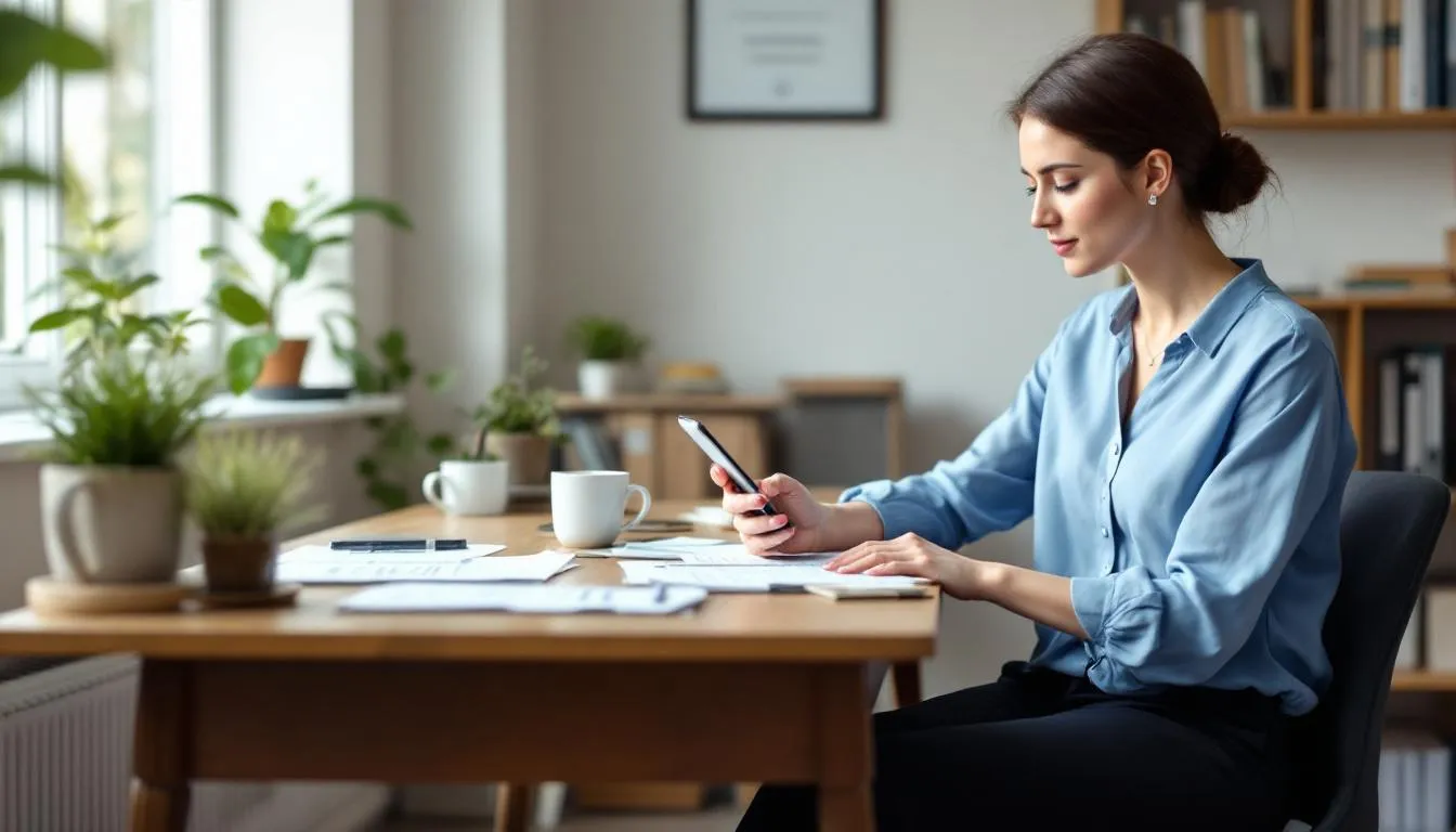A small business owner intently examines their mobile phone, reviewing the results of their local advertising campaign, likely utilizing Google Ads and various ad formats to assess performance and engagement.