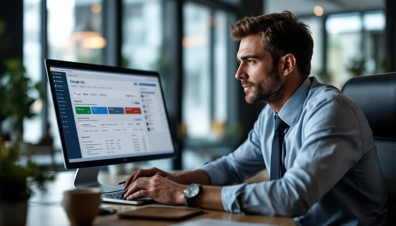 A business owner is focused on setting up their Google Ads account on a laptop, navigating through various ad formats and options to continue the process of creating effective online advertisements.