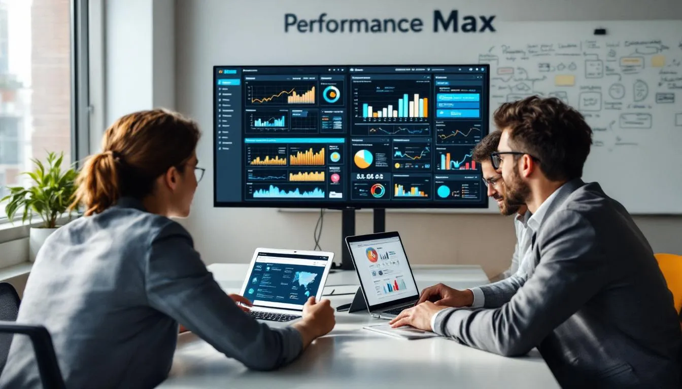 In a modern office setting, a marketing team is engaged in analyzing the results of their Performance Max campaign on multiple screens, showcasing various Google Ads and ad formats. The atmosphere is focused and collaborative, highlighting the team's effort to optimize their advertising strategies.