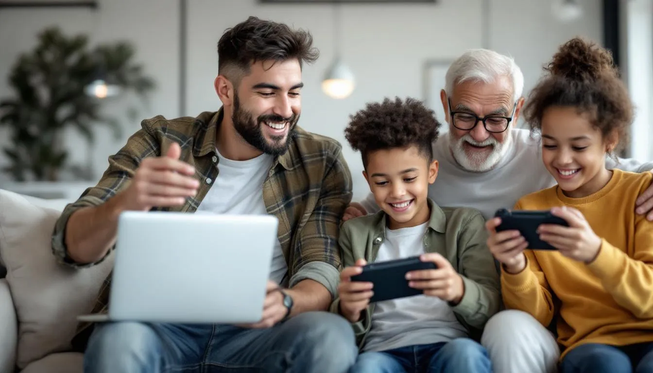 A diverse group of individuals of varying ages and backgrounds are engaged with different devices, such as smartphones, tablets, and laptops, illustrating the concept of diverse target audiences in digital marketing and advertising with Google. This scene highlights the importance of adapting ad formats to reach a wide range of consumers effectively.