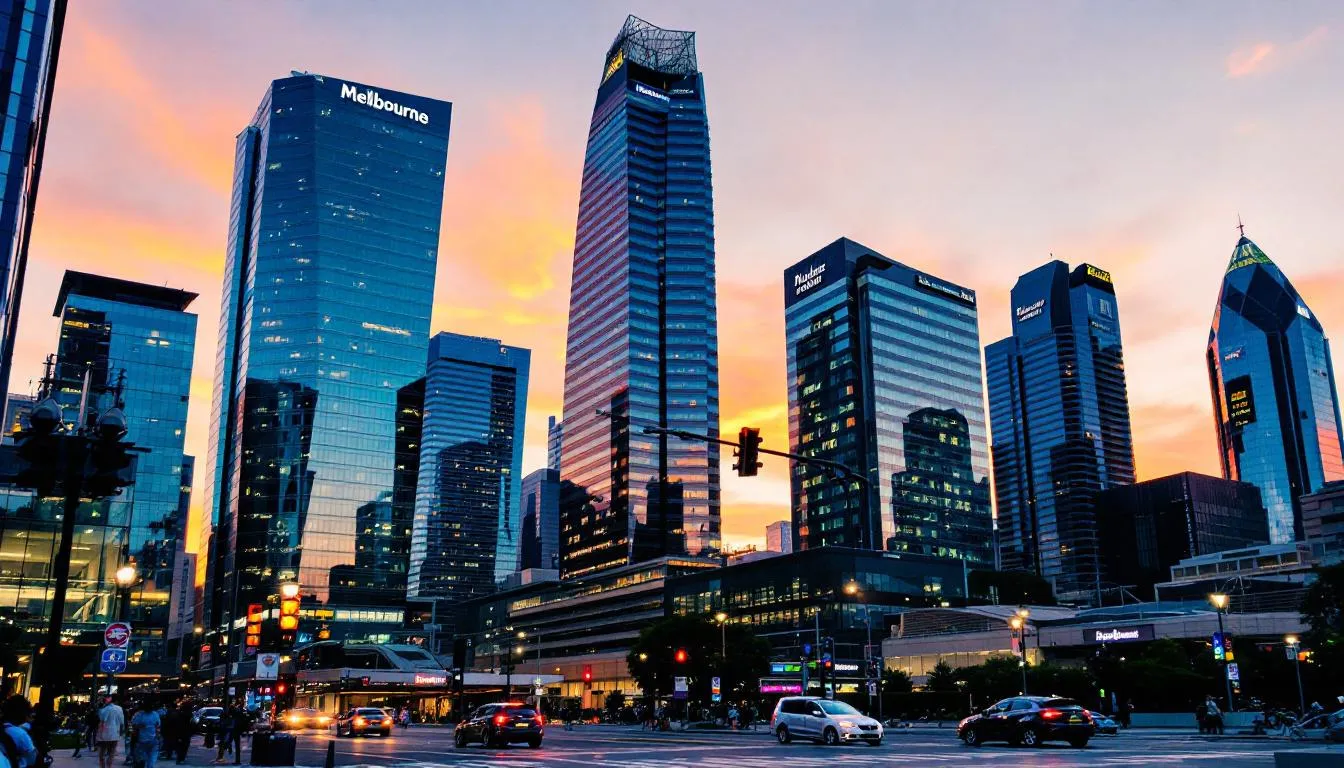 The image depicts the Melbourne city skyline, showcasing a variety of modern office buildings that symbolize the vibrant local business environment. This dynamic scene reflects the potential for successful Google Ads campaigns and digital marketing strategies that can drive business growth for Melbourne businesses.