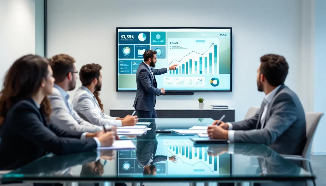 In the image, a group of professionals is engaged in a business meeting, analyzing digital marketing strategies with various charts and graphs displayed on a screen, focusing on topics like Google Ads campaigns and campaign performance. The atmosphere is collaborative, emphasizing the importance of effective Google Ads management for business growth.