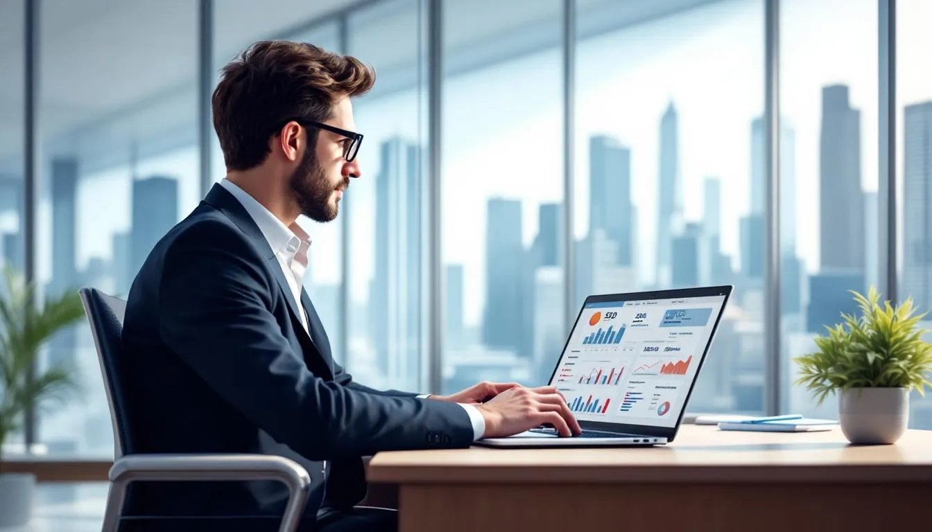 In the image, a person is analyzing data on a laptop, focusing on graphs and charts that represent SEO metrics such as organic traffic and keyword rankings. The scene emphasizes the importance of calculating SEO ROI and understanding the revenue potential from SEO investments, highlighting the role of tools like Google Analytics in optimizing SEO strategies.