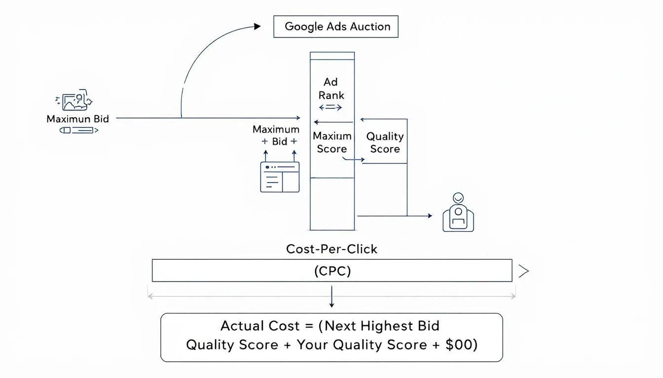 A diagram illustrating the pricing structure of Google Ads, featuring elements such as ad spend, average cost per click, and bidding strategies, all with minimal text. The visual emphasizes key concepts like ad relevance and campaign performance, aimed at helping users understand Google Ads costs effectively.