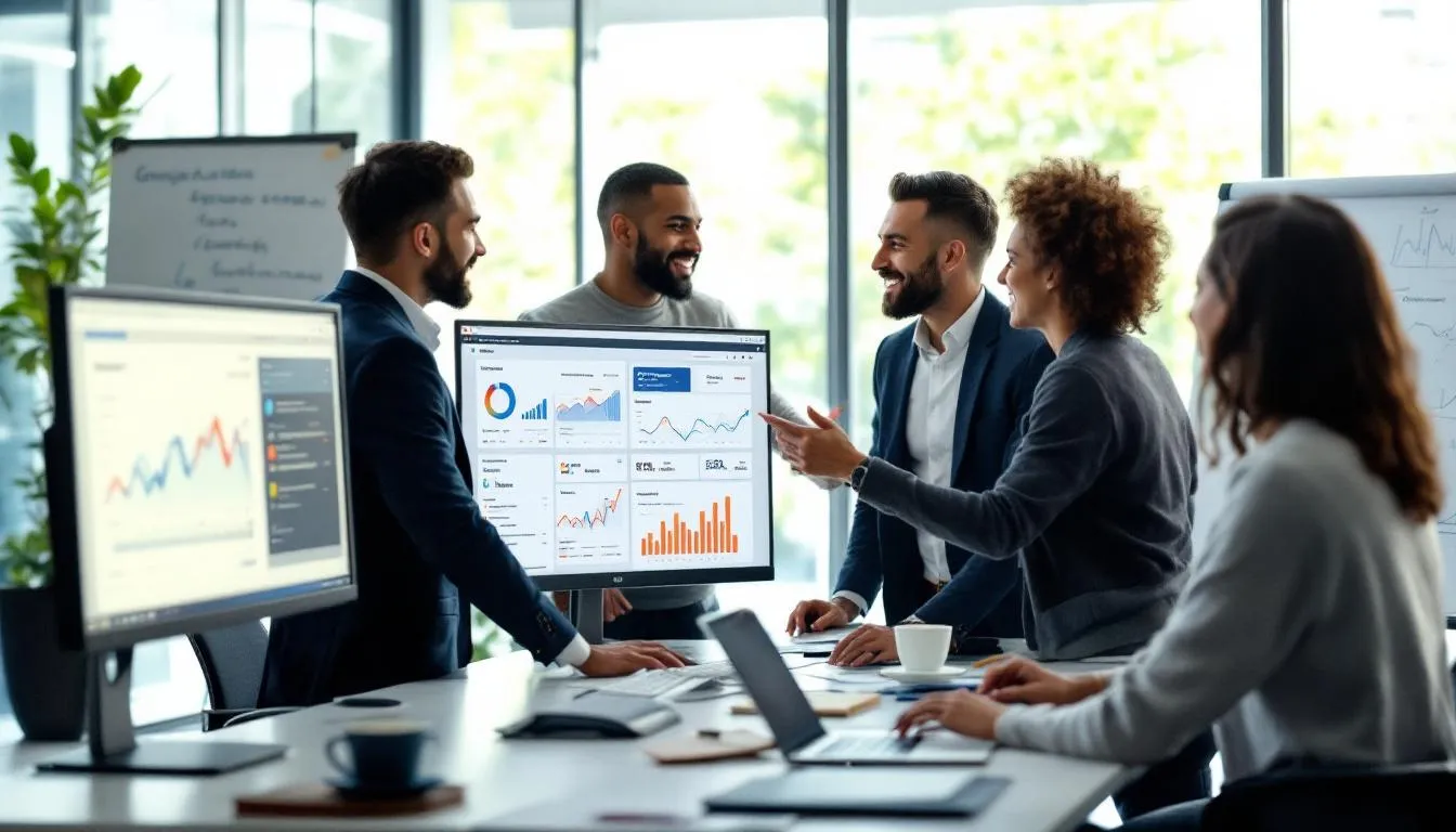 A professional team is intently analyzing the performance of various Google Ads campaigns on multiple monitors, showcasing graphs and data related to ad spend, key metrics, and campaign strategies. This scene reflects the expertise of a Google Ads agency in Melbourne, focusing on optimizing digital marketing efforts for successful Google Ads campaigns.