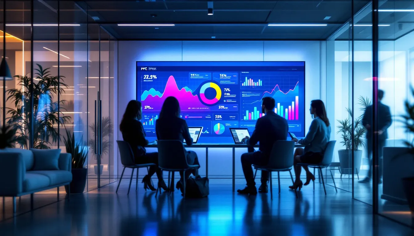 A digital marketing team discussing PPC strategies with charts and graphs.
