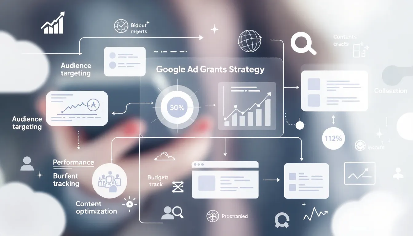 Best practices for optimizing Google Ad Grants, illustrated with a blurred ad campaign strategy board.