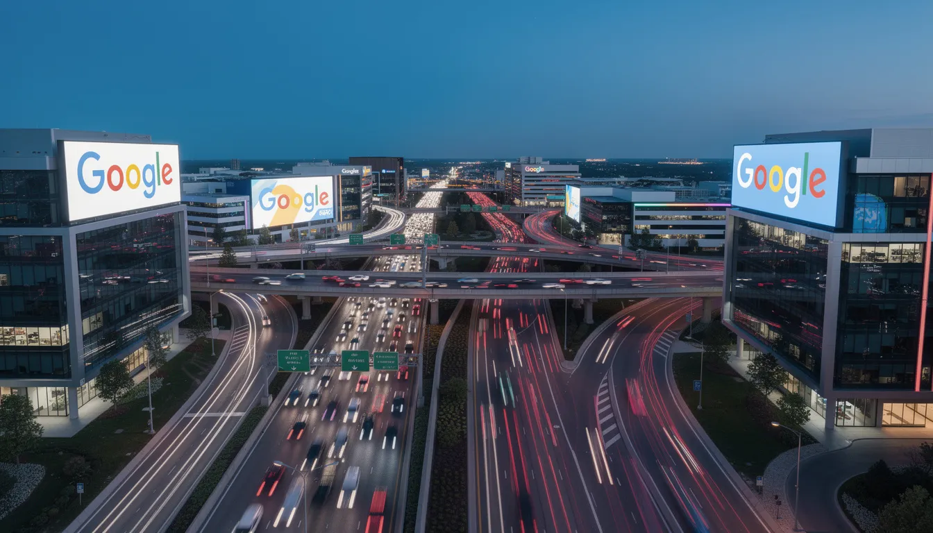 The image depicts a vibrant highway scene with Google branding, symbolizing the flow of traffic from Google search results to various websites. This visual represents the importance of optimizing content for search engines to enhance website traffic and improve click-through rates.