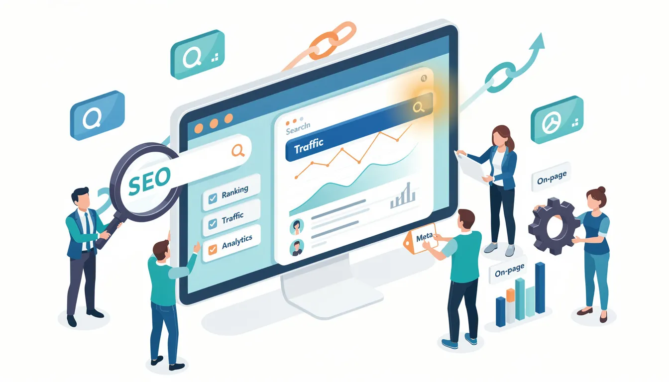 The image depicts a digital workspace focused on SEO optimization, featuring graphs and charts that illustrate website traffic data from Google Analytics and search console. It emphasizes key elements like keywords, backlinks, and loading speed, which are essential for improving Google search results and increasing organic traffic to a website.