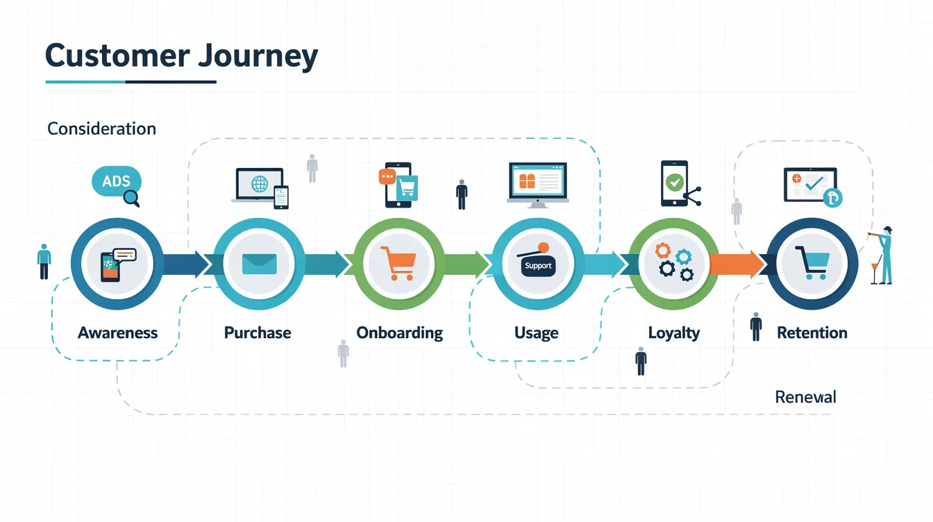 The image depicts a customer journey visualization that outlines the connected touchpoints from awareness to retention, illustrating the various stages of the marketing strategy. This visual representation highlights key marketing initiatives aimed at enhancing customer engagement and retention, ultimately contributing to business success.