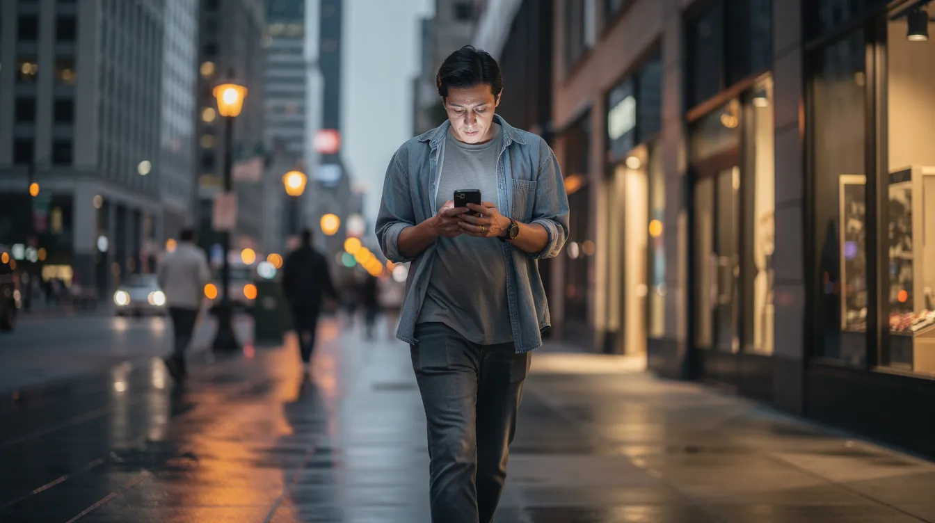 A person is walking down a bustling city street while focused on their smartphone screen, likely searching for local businesses or checking local search results. The scene captures the essence of urban life, with shops and cafes in the background, emphasizing the importance of mobile search in finding nearby services.