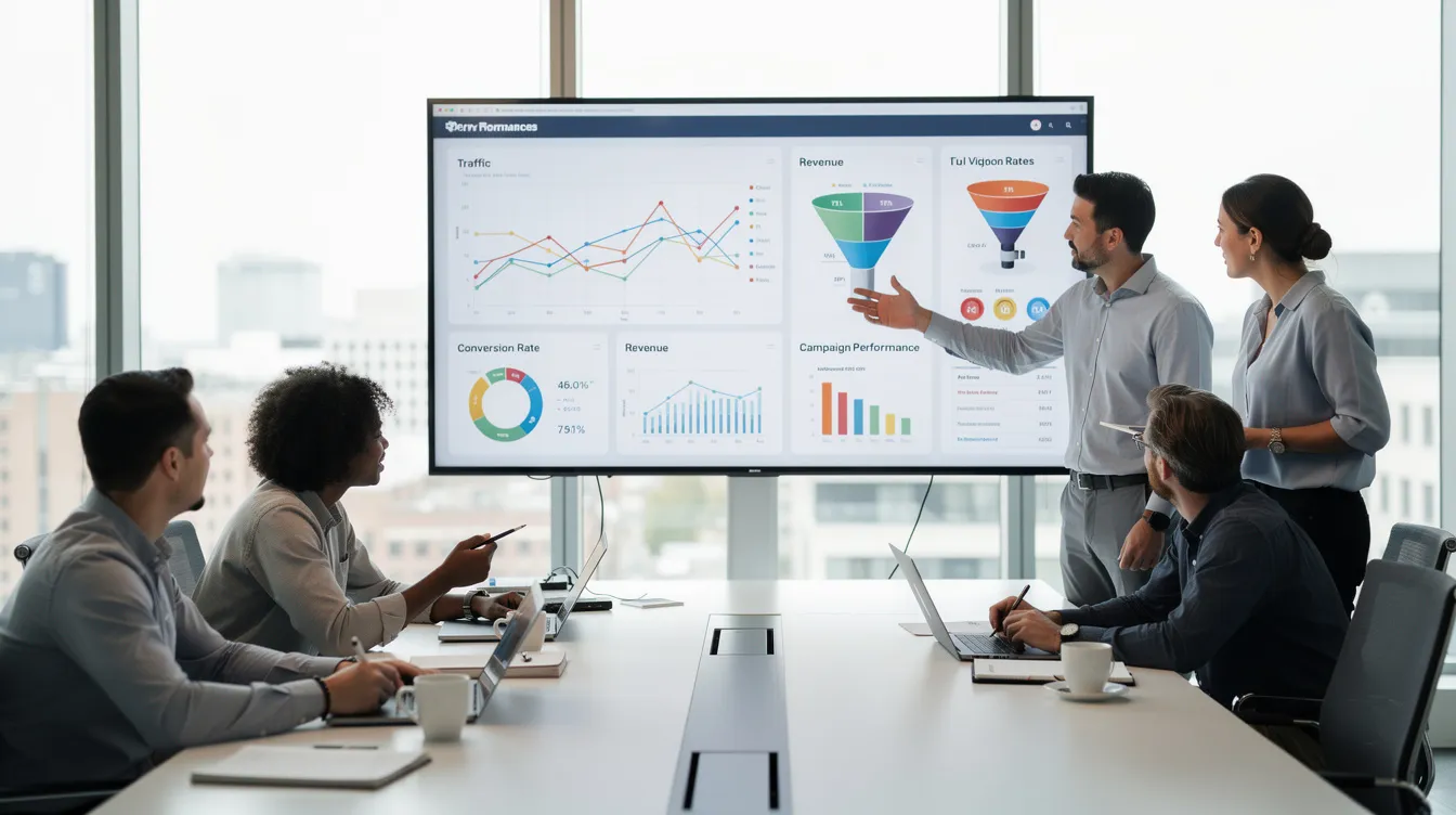 A marketing team is gathered around a table, analyzing performance data displayed on multiple screens, which showcase various graphs and analytics dashboards. This scene reflects their efforts to refine their marketing strategy and improve customer engagement through data-driven insights.
