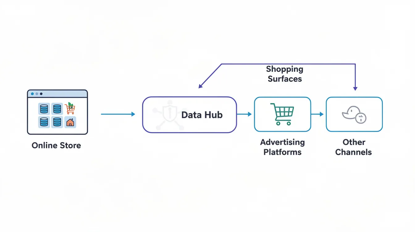 The image is a simple diagram illustrating the flow of product data from an online store through a data hub to various Google surfaces, including Google Shopping ads and local inventory ads. It highlights how businesses can utilize their Google Merchant Center account to effectively manage and run advertising campaigns for increased visibility and sales.