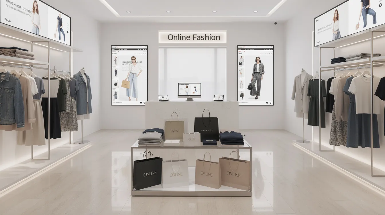 The image depicts a modern eCommerce fashion store filled with stylish clothing and shopping bags, showcasing a vibrant retail environment designed to attract customers. This setup reflects effective marketing strategies aimed at enhancing customer engagement and increasing sales through a compelling shopping experience.
