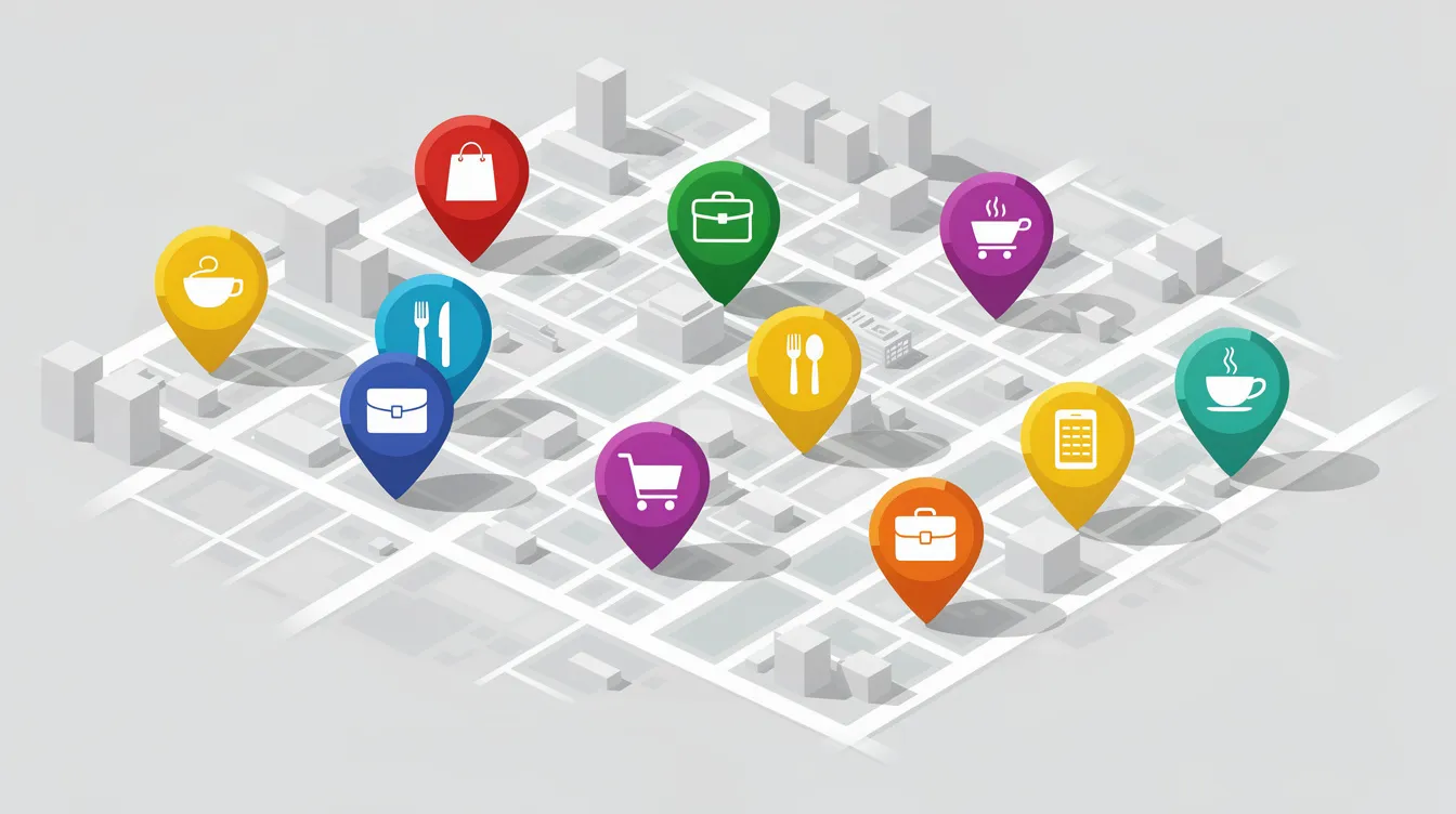 The image shows a map dotted with multiple colored location pins, indicating various local businesses, such as a coffee shop and an Italian restaurant, each marked for easy identification. This visual representation highlights the importance of local search results and business listings for small business owners looking to attract nearby customers.
