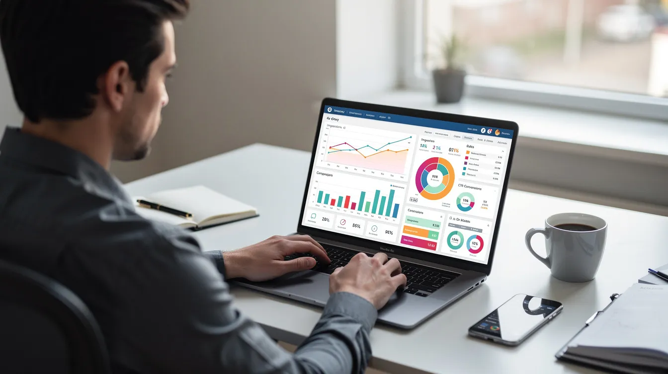 A person is seated at a desk working on a laptop that displays various advertising platform dashboards, showcasing digital marketing metrics and data-driven strategies. This scene highlights the importance of digital marketing services and social media advertising in optimizing online campaigns for business growth.