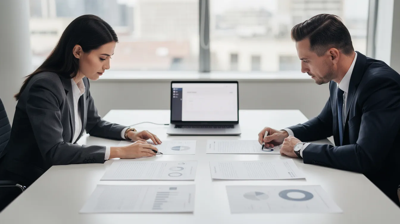 A professional consultation meeting is taking place at a table where two individuals are reviewing documents, likely discussing digital marketing strategies and campaigns. This setting reflects a collaborative effort to enhance business growth through effective digital marketing solutions.