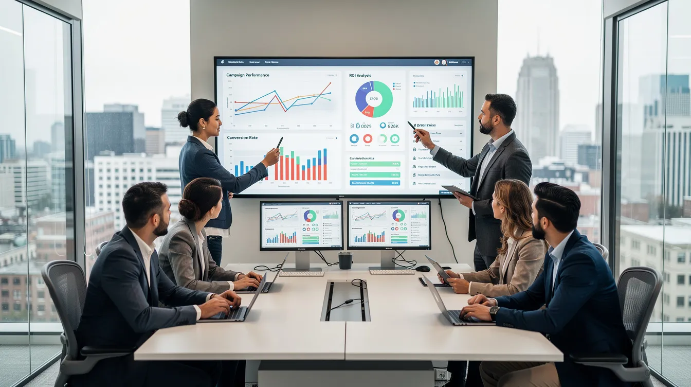 A professional team is gathered in a modern office, analyzing marketing analytics displayed on multiple screens. They are focused on developing data-driven strategies for digital marketing campaigns, emphasizing social media advertising and performance marketing to achieve business growth and meet client objectives.