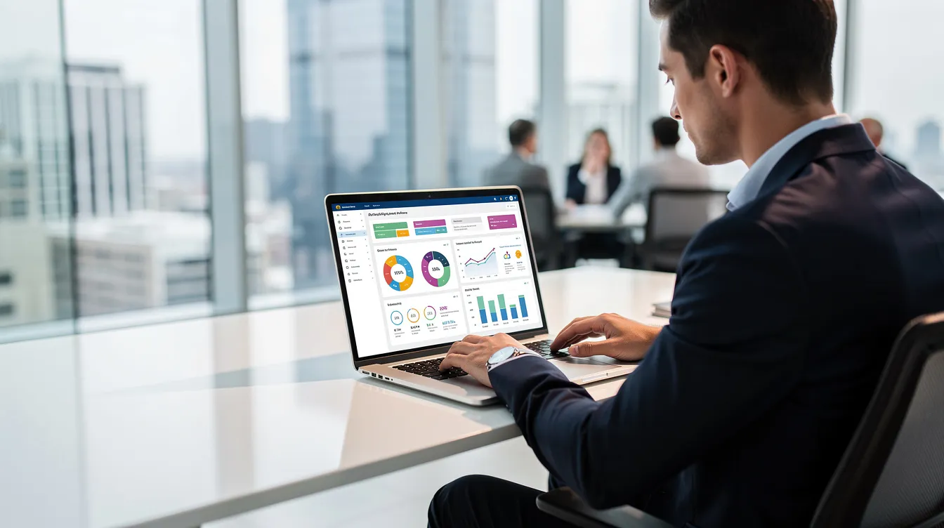 A business professional is seated at a modern office desk, intently reviewing marketing analytics on a laptop. The scene emphasizes the importance of effective digital marketing strategies and data analysis in optimizing marketing campaigns across various digital channels.