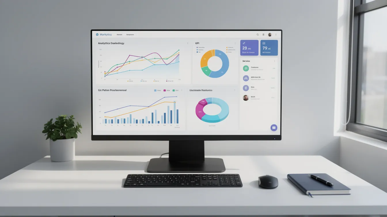 The image depicts a clean workspace featuring a monitor that displays marketing performance graphs and data visualizations, highlighting the effectiveness of digital marketing strategies. This setup reflects the analytical approach of a digital marketing agency focused on data-driven strategies and performance marketing.
