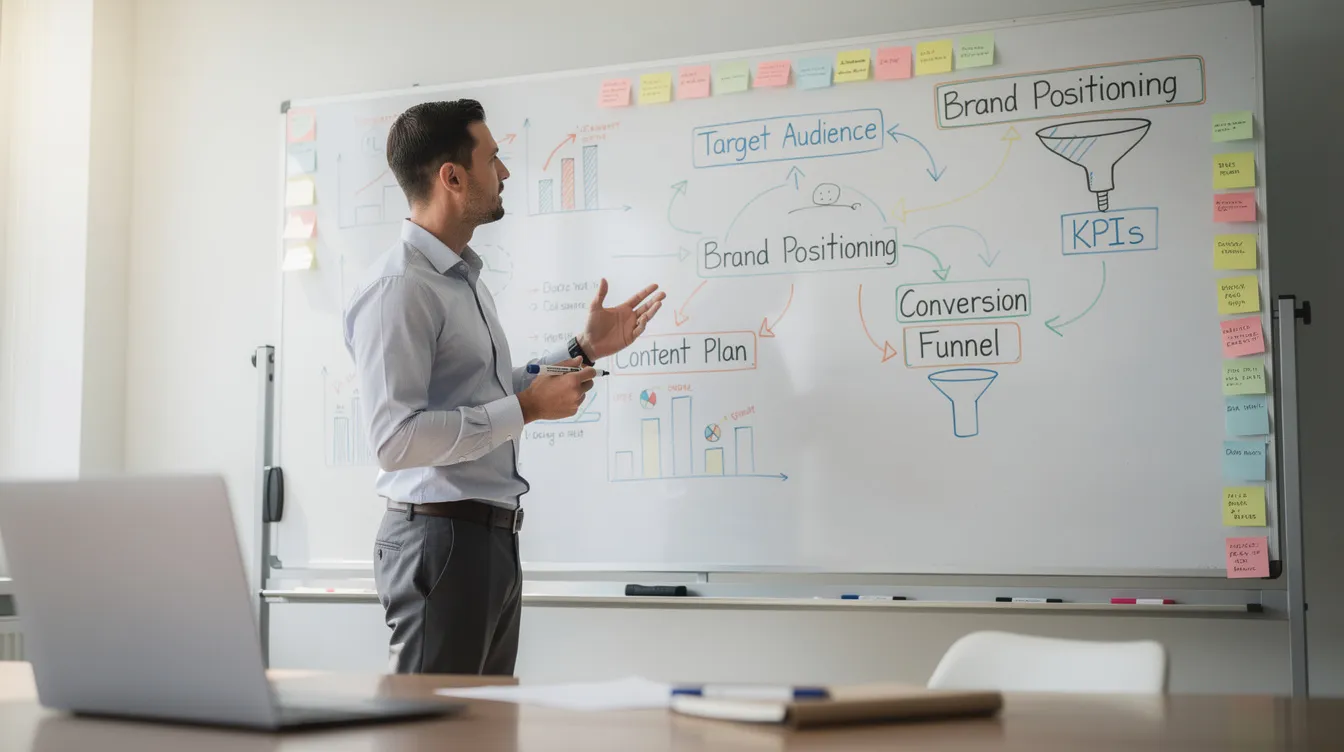 A person is standing in front of a whiteboard, actively planning a digital marketing strategy, jotting down ideas for social media marketing and search engine optimization. The scene captures the essence of developing effective digital marketing campaigns aimed at engaging potential customers through various digital channels.