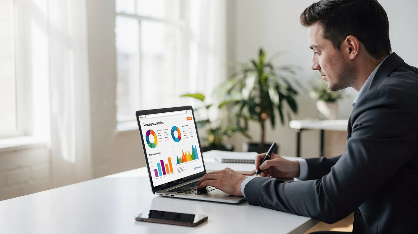 A small business owner sits at a bright office desk, reviewing campaign results on a laptop, analyzing digital advertising performance to attract customers and achieve business goals. The environment reflects a focus on effective communication and relevant advertising strategies tailored to their target audience.