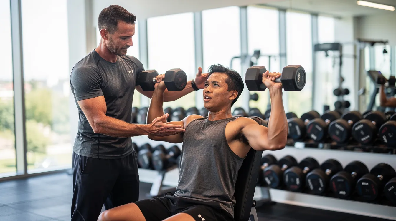 A fitness trainer is assisting a gym member during a workout, demonstrating proper form and techniques to ensure safety and effectiveness. This scene highlights the importance of personal training services in achieving fitness goals and attracting customers in the competitive fitness industry.