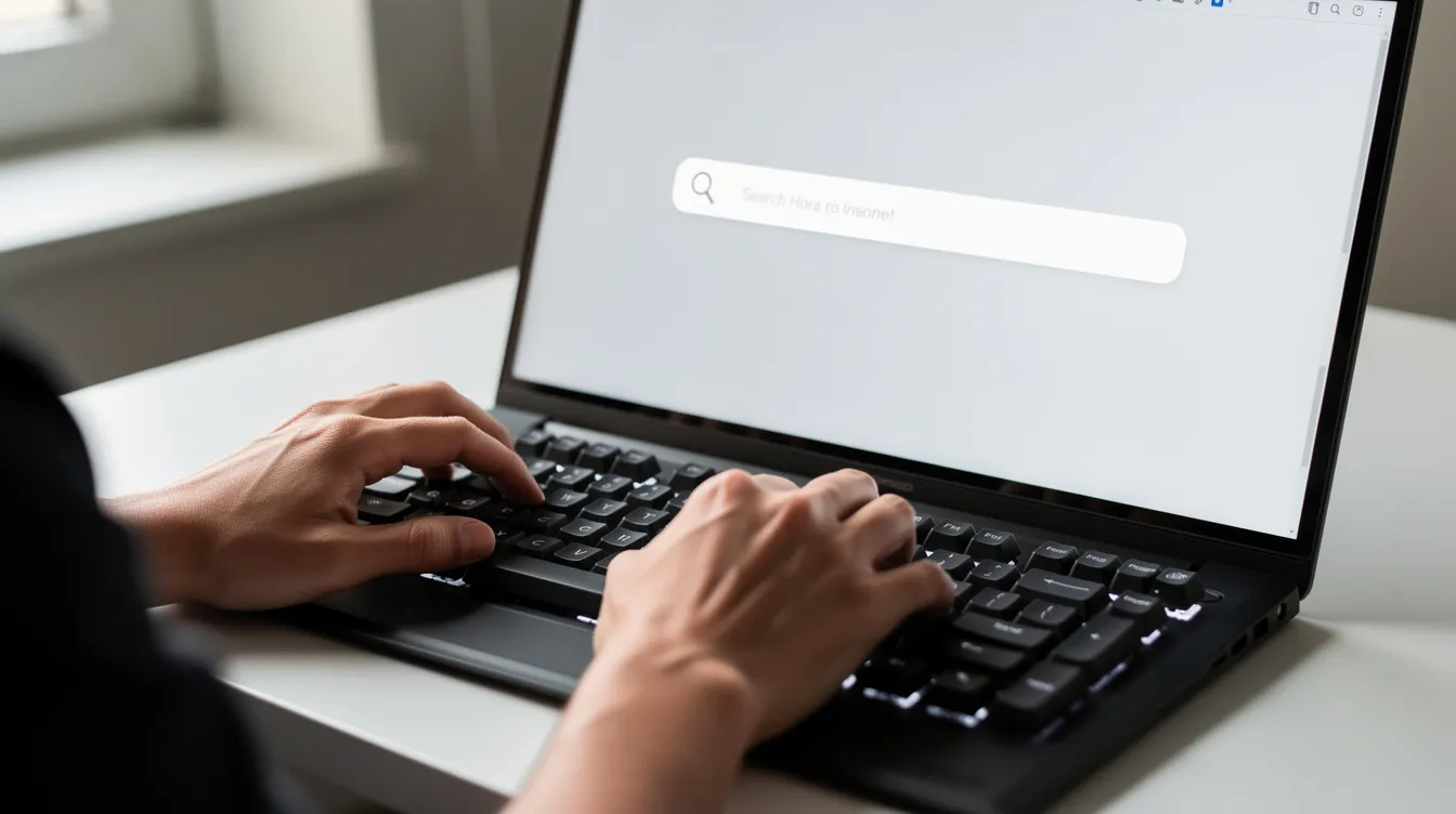 PPC Managers: Role, Responsibilities, and How They Drive Profitable PPC Management 3 A close-up image shows hands typing on a keyboard, with a search bar prominently displayed on the screen, suggesting activities related to online advertising and search engine marketing. This scene reflects the essential tasks of PPC management, including keyword research and campaign performance analysis.