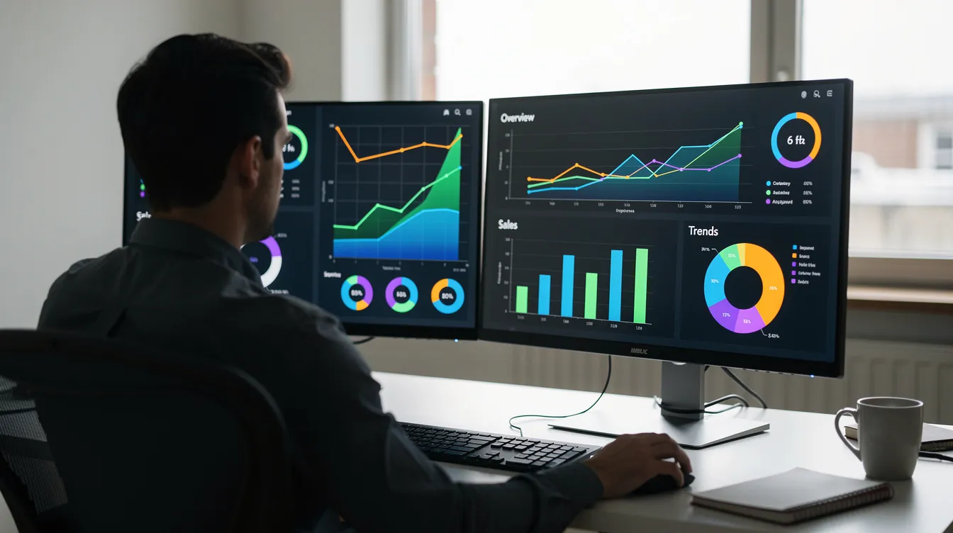 PPC Managers: Role, Responsibilities, and How They Drive Profitable PPC Management 2 A person is seated at a desk, focused on two monitors that showcase vibrant analytics dashboards filled with charts and performance metrics related to their PPC campaigns. The setup emphasizes the importance of data-driven decision-making in digital marketing, particularly in managing Google Ads and optimizing online advertising strategies.
